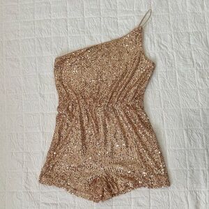 One Shoulder Gold Sequins Romper, sparkly romper